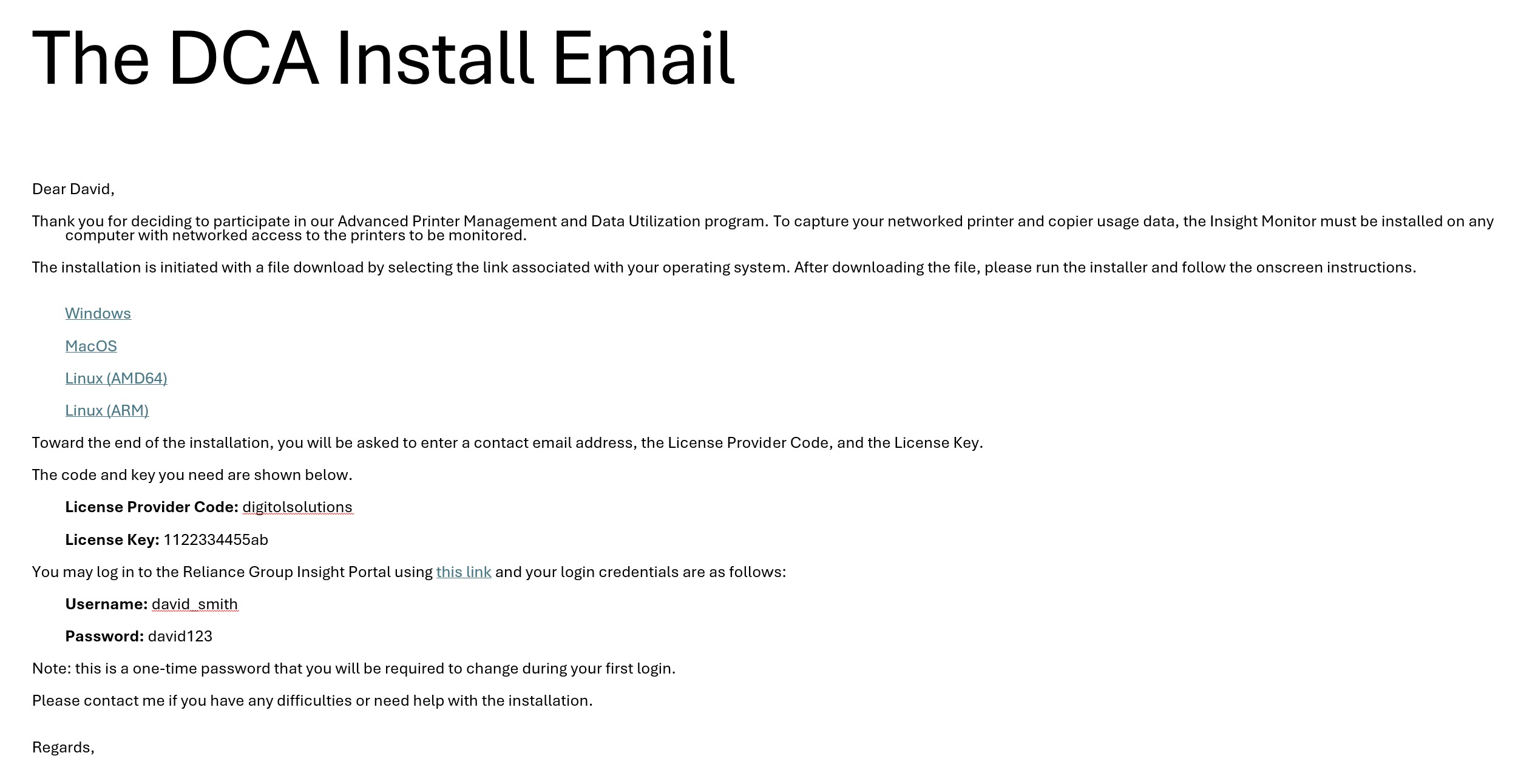 DCA Install EMail Template